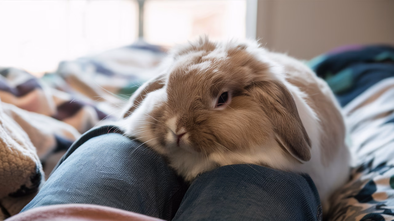 Rabbit resting to show trust Rabbit laying head on owner's lap