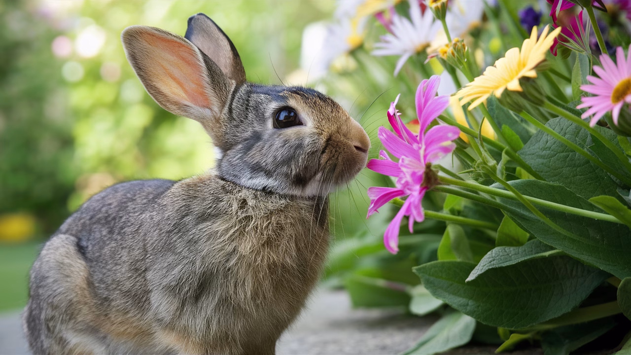 Rabbit enjoying the scent of flowers Rabbit sniffing flowers