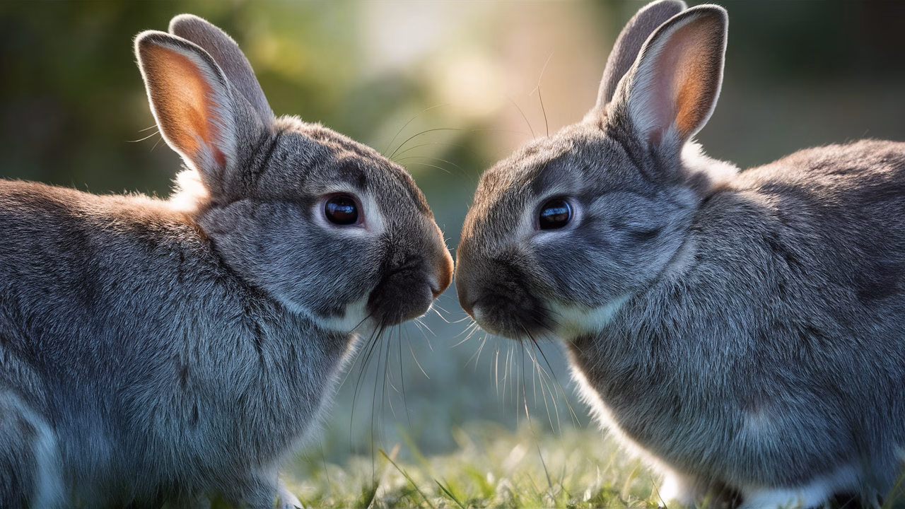 Rabbits using body language to communicate Two rabbits touching noses