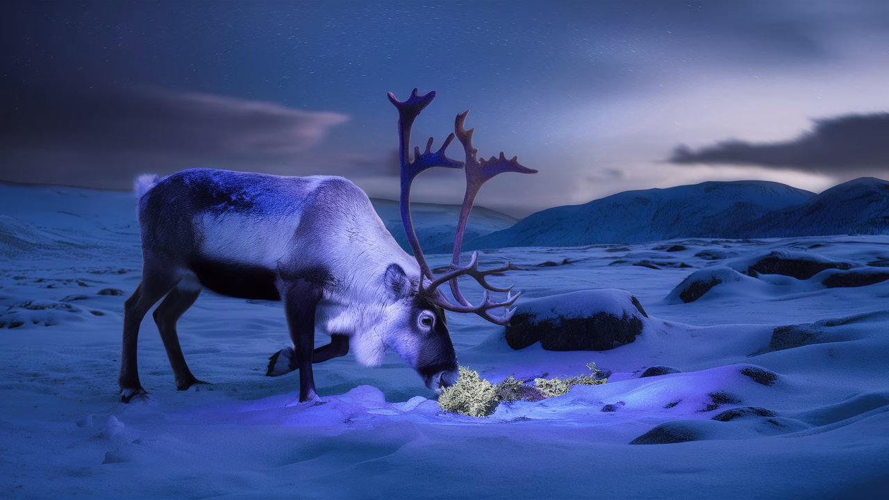 Reindeer foraging with UV detection Reindeer locating food using UV vision