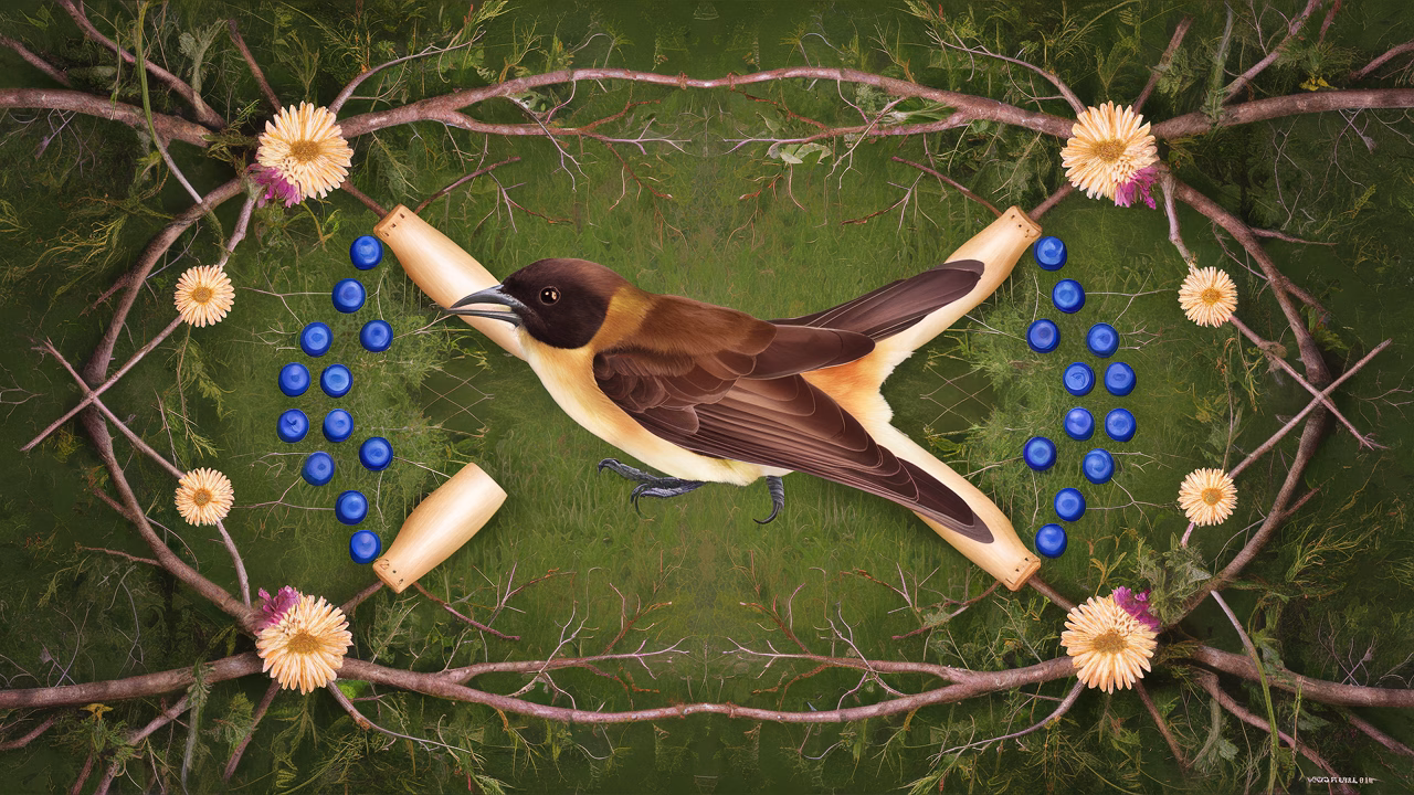 Male bowerbird and bower Male bowerbird in decorated bower