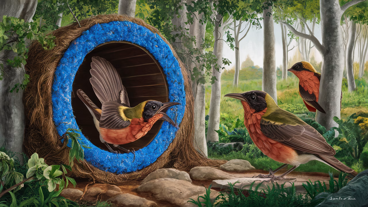 Satin bowerbird mating ritual Satin bowerbird with blue decorations