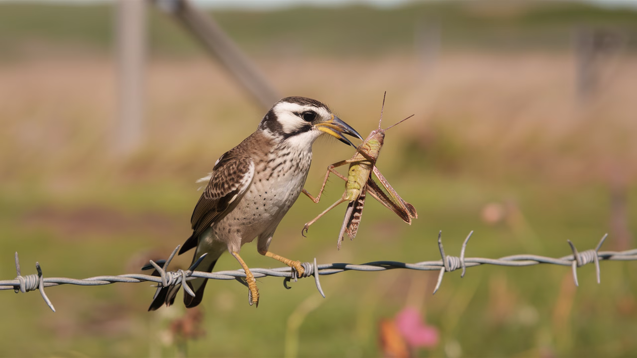 Shrike impales prey on barbed wire Shrike with larder prey