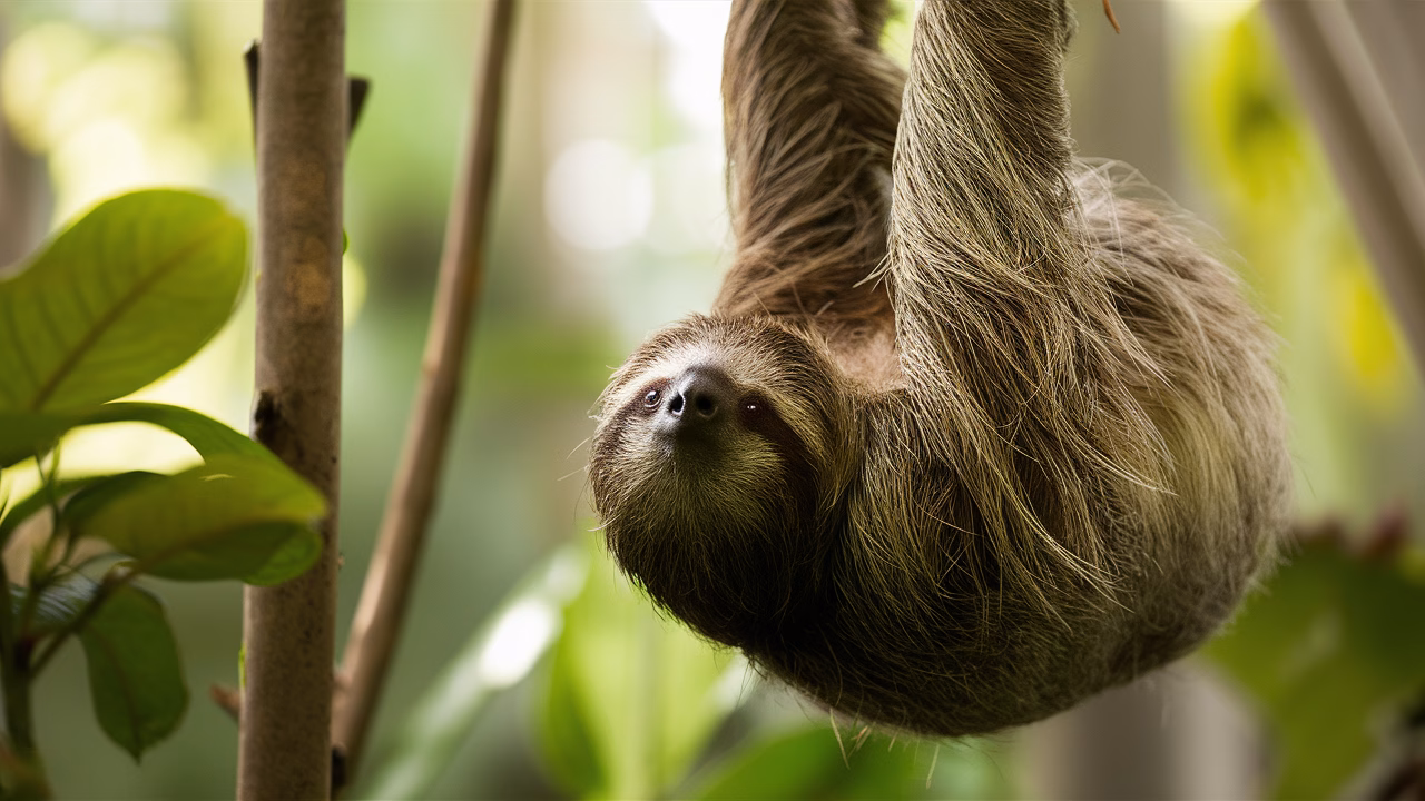 Sloth rotating head in rainforest Sloth rotating head in rainforest