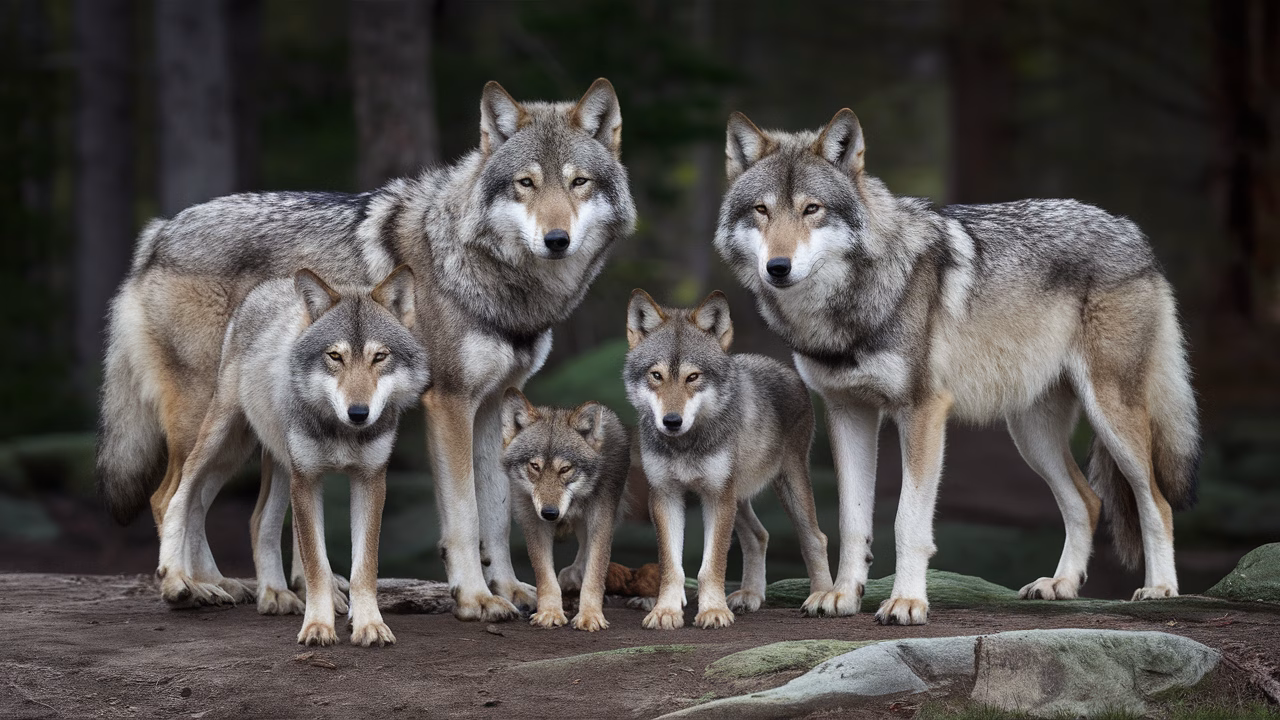 Wild wolves live in family units Wolf family in a natural pack
