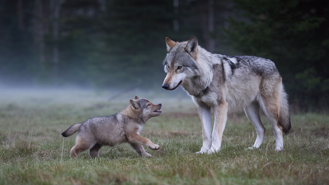 Wolf pup social learning Wolf pup playing with adult