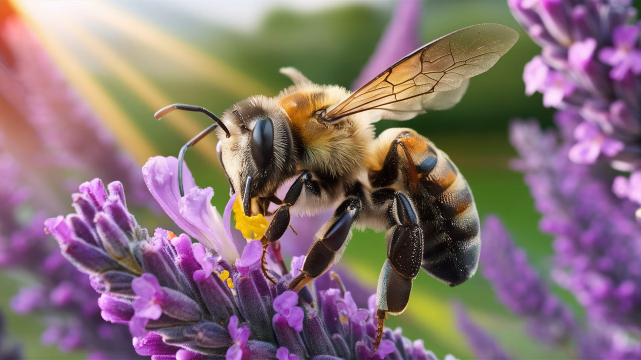 Foraging honeybee collecting nectar foraging worker bee on flower