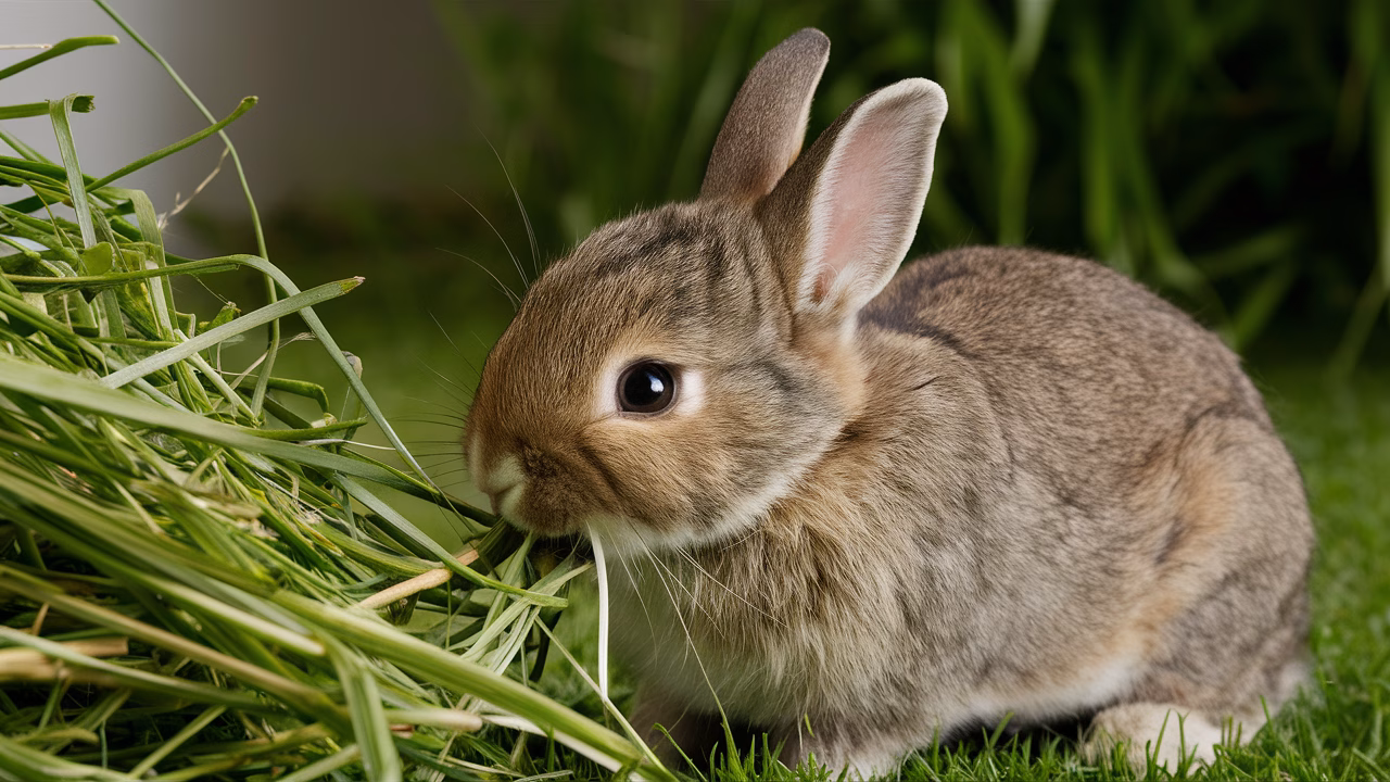 Rabbit eating fresh hay rabbit eating fresh hay